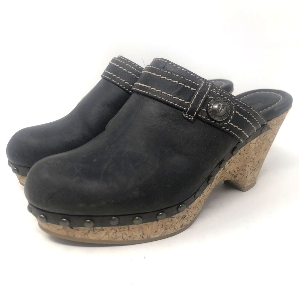 Frye Audra Botton Clog Womens Sz 8 Y2k Black Leather Studded Platform Cork FLAW